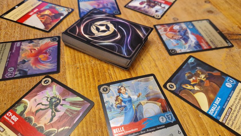 Disney Lorcana cards in a circle around a deck facing down on a wooden surface